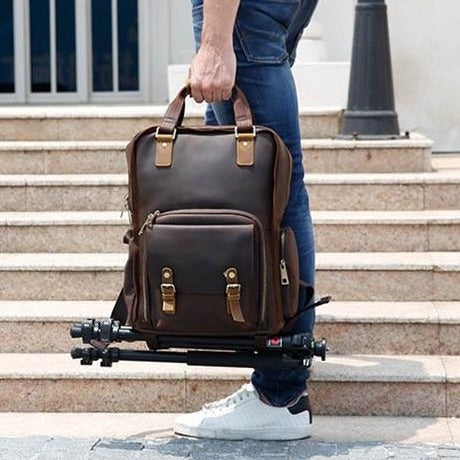 Steel Horse Leather Gaetano | Large Leather Backpack Camera Bag with Tripod Holder