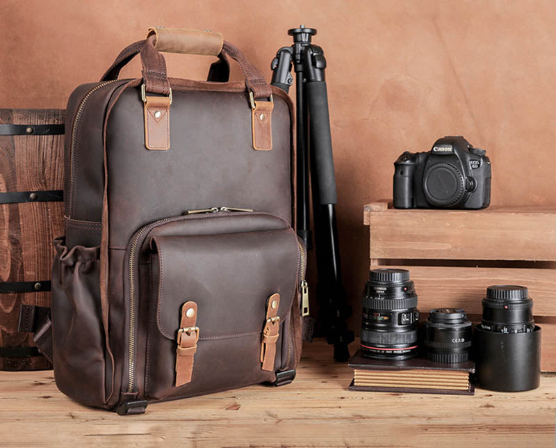 Steel Horse Leather Gaetano | Large Leather Backpack Camera Bag with Tripod Holder