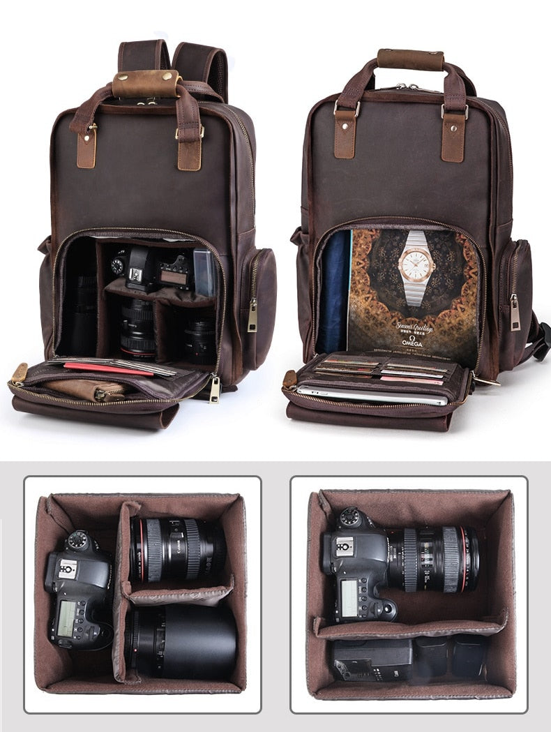 Steel Horse Leather Gaetano | Large Leather Backpack Camera Bag with Tripod Holder