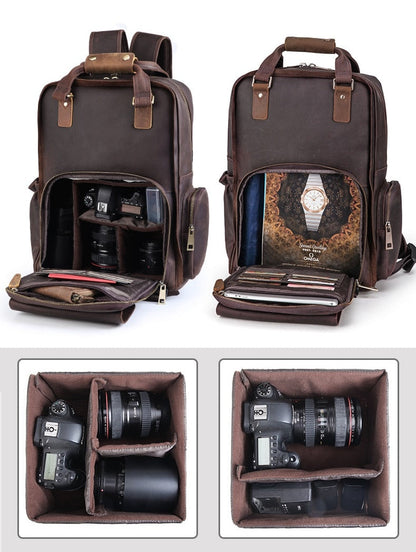 Steel Horse Leather Gaetano | Large Leather Backpack Camera Bag with Tripod Holder