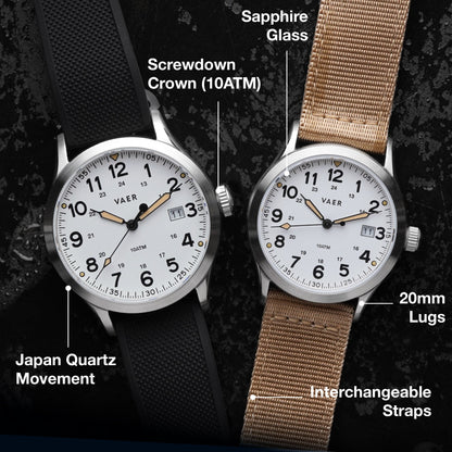 Vaer Watches S3 Calendar Field White - 36mm Quartz