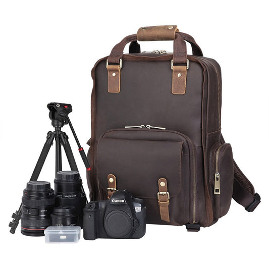Steel Horse Leather Gaetano | Large Leather Backpack Camera Bag with Tripod Holder