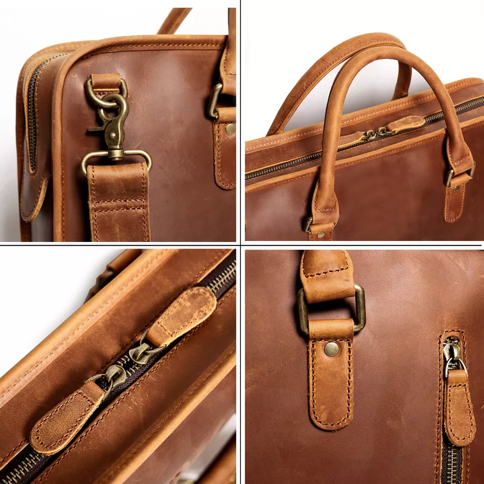 Steel Horse Leather Hemming Leather Laptop Bag | Vintage Leather Briefcase