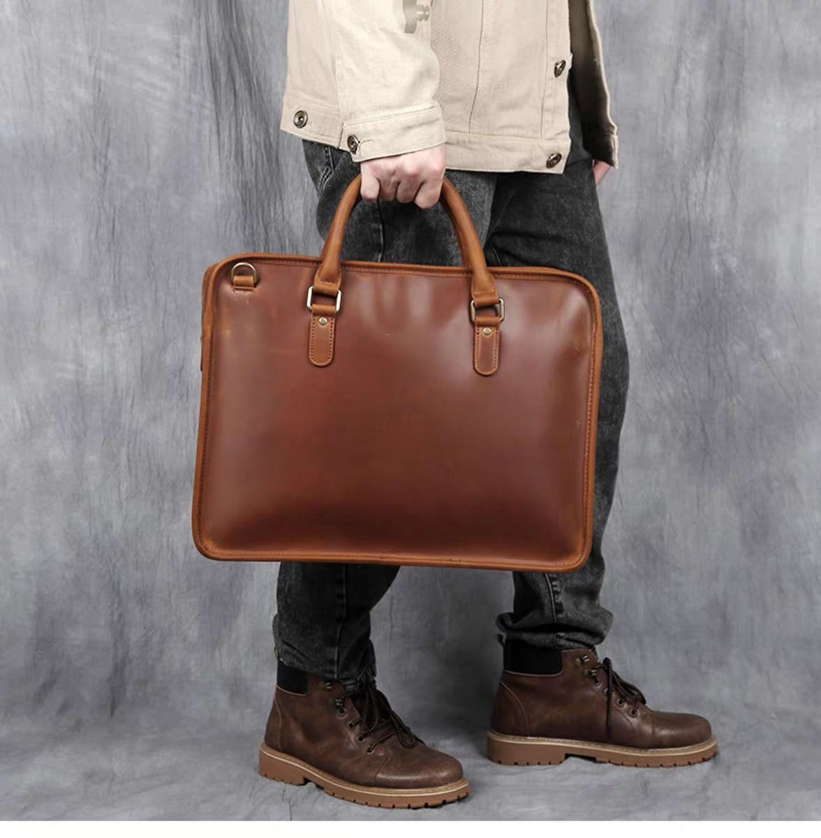 Steel Horse Leather Hemming Leather Laptop Bag | Vintage Leather Briefcase