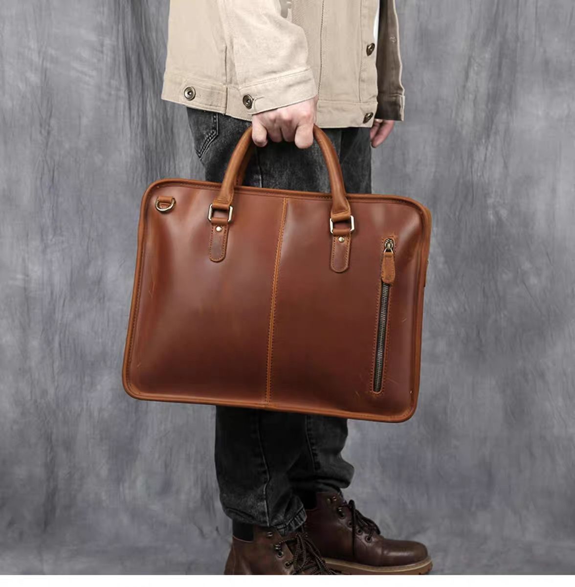 Steel Horse Leather Hemming Leather Laptop Bag | Vintage Leather Briefcase