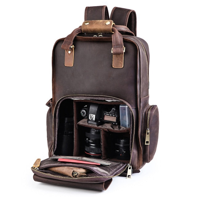 Steel Horse Leather Gaetano | Large Leather Backpack Camera Bag with Tripod Holder